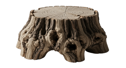 A Textured Tree Stump With Knots and Holes Rests on a Transparent Background With Detailed Bark and a Flat Top Surface
