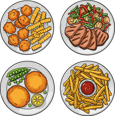 Set of 4 Cartoon Main Course Icons: Nuggets, Grill, and Fries