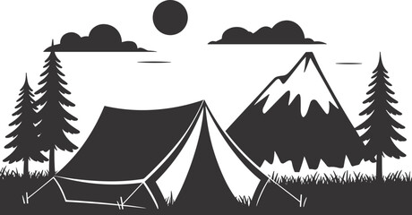 Camping scene with tent, mountains, sun, and pine trees in black and white