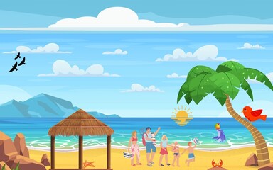Tropical summer beach landscape with palm trees, blue ocean water, and sunny sky for a relaxing island vacation