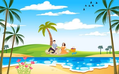 Happy family vacationing on a tropical island beach with palm trees, blue sky, and ocean water