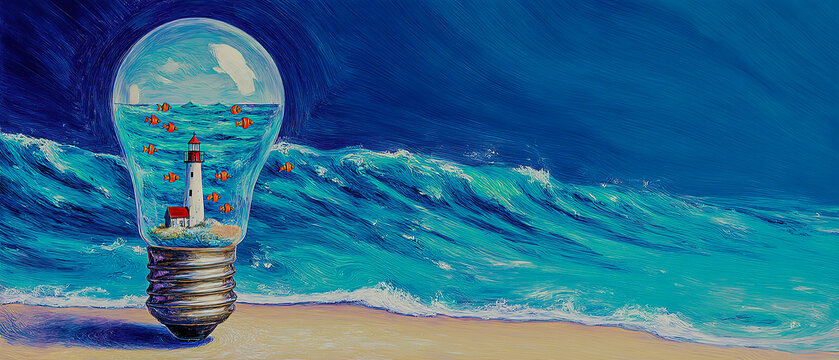 A glowing bulb containing waves, fish, and a miniature lighthouse.