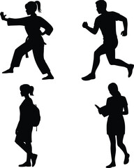 Four diverse silhouettes show people engaged in different activities: martial arts, running, student, and reading
