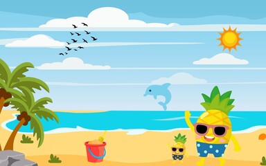 Tropical summer beach vector illustration with palm trees, blue sky, and ocean waves