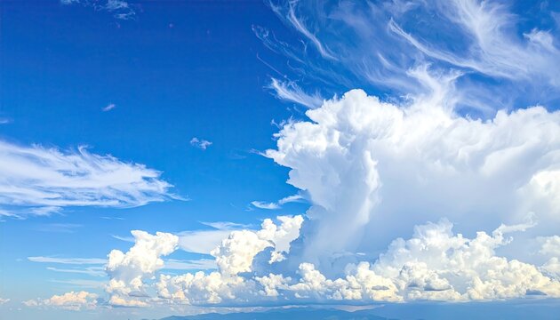 Cloudscape with Bright Blue Sky and White Clouds Cumulus Panoramic Aerial View Summer Weather Sunny Day Sky Atmosphere Scenic Beauty in Daytime