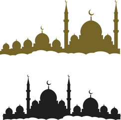 Islamic mosque silhouette, architectural landmark, gold and black isolated on white