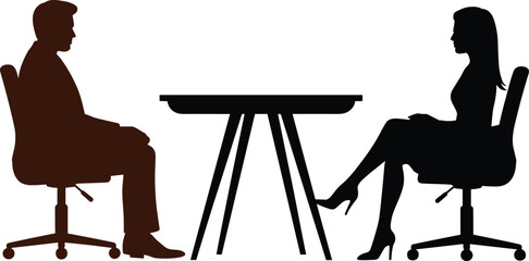 Job interview between a man and a woman sitting at a table, silhouettes