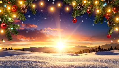 Festive fir branches with lights frame a snowy mountain sunrise.