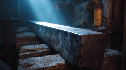 A heavy weathered metal beam rests on bricks dramatically lit by a strong spotlight in a dark industrial setting