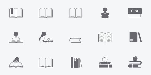 Education, reading, books, library, icon set, vector, study, knowledge, learning, academic, school, college, university, e-learning, textbook, open book, closed book, stack of books, bookshelf, reader