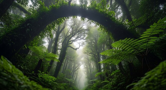 Sunlight streaming through lush green rainforest canopy