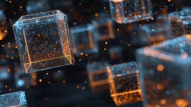 Floating transparent cubes with glowing particles, representing a network connection, modern technologies and digital era.