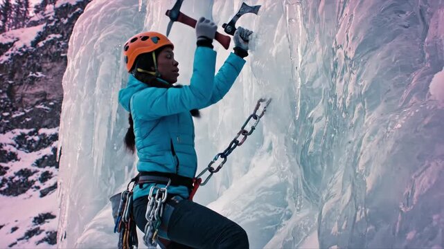 Woman alpinist ascending ice wall with ice axes. Extreme winter sport. Ice climbing adventure and determination concept.