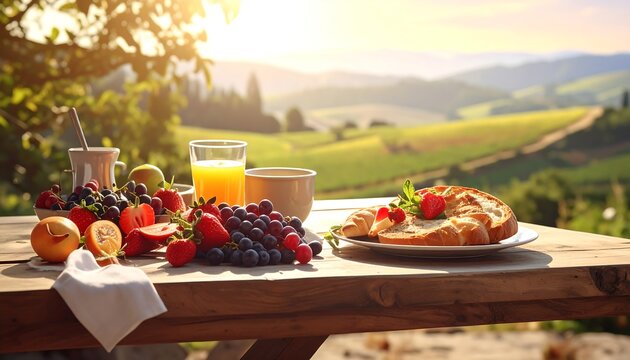 Outdoor breakfast setting featuring fresh fruit, orange juice, pastries, with a lush, sun-drenched landscape backdrop - Powered by Adobe