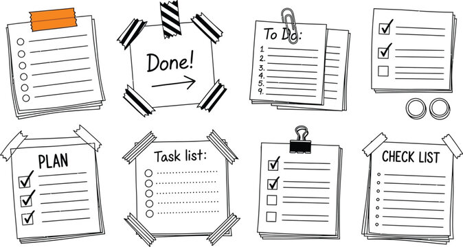 Hand Drawn Check List, Task List and To Do List With Cute Stationery Tape Elements