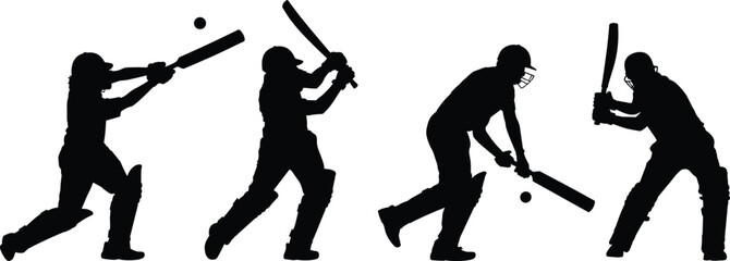 Cricket player action silhouettes, batting sequence and fielding pose, white background