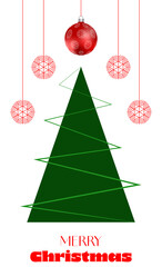 Merry christmas wishes with tree and snowflakes hanging balls