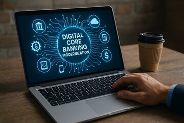 Laptop screen with digital core banking modernization for the concept of Banking technology.