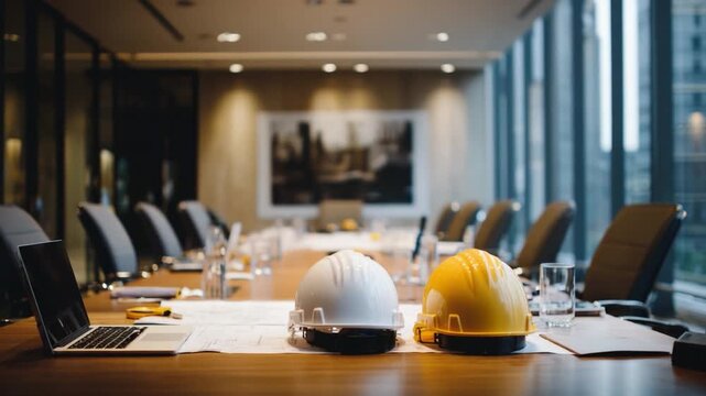 Construction boardroom meeting: an image of a boardroom set up for a construction meeting, with focused hard hats and a laptop