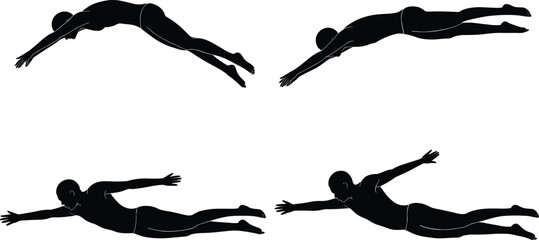 Silhouette swimmer in four distinct diving and swimming poses, isolated on white.