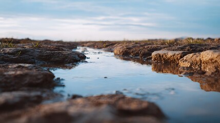 Shallow stream of water flows through muddy earth under a twilight sky
