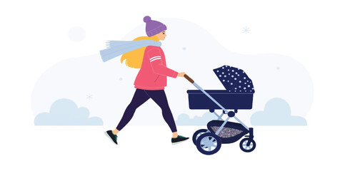 Woman Pushing Baby Stroller in Winter Park: Mother and Child Outdoor Walk in Cold Weather Illustration