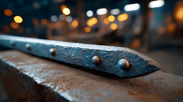 A close up of a rustic riveted metal rod resting on a textured anvil in a dimly lit industrial forge with background bokeh lights