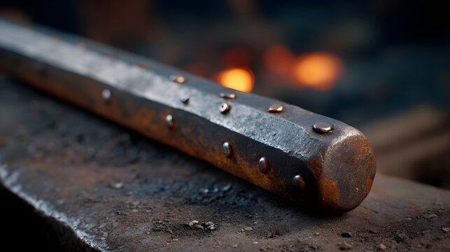 A close up view of a rusty riveted metal rod resting on an anvil with a forge fire glowing in the background