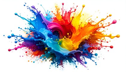 A vibrant splash of multicolored paint exploding outwards, isolated on white