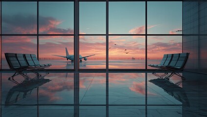 Airport terminal at sunset; plane waits on the tarmac viewed through large windows