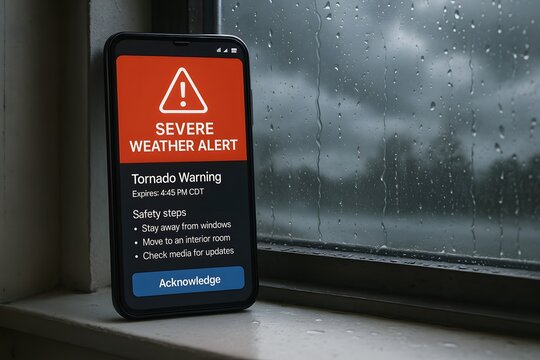 Severe weather alert on a smartphone near a rainy window for the concept of emergency notification.