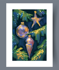 Festive string lights illuminating evergreen with shiny decorations