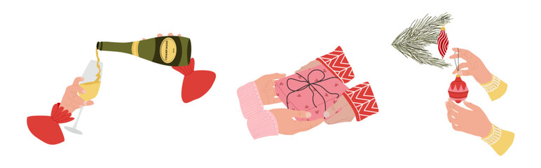 Happy New Year 2026! Hands holding a gift, champagne, and a glass, while hands decorate a Christmas tree. Vector design for a poster, banner, greeting, or New Year's celebration.