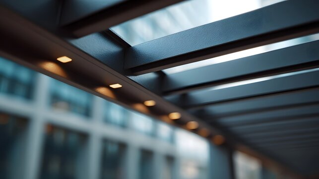 Modern architectural detail with dark metal beams and warm integrated lights against a blurred urban background