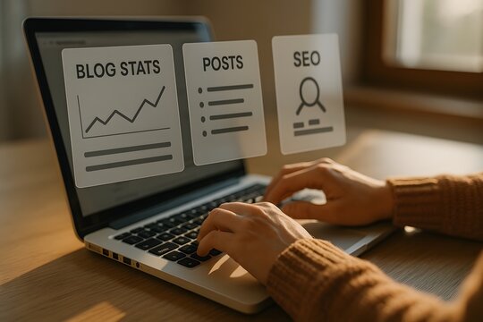 Person working on a laptop displaying blog statistics for the concept of website optimization and digital marketing. - Powered by Adobe