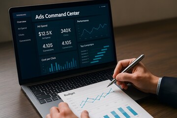 A professional analyzing data and graphs for business concept.