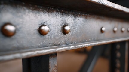 Close up of a rusty metal beam with visible rivets showcasing its weathered industrial texture
