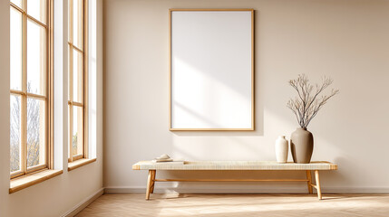 Warme, minimalistische Interiors in Beige- und Naturt&ouml;nen mit klaren Poster-Mockups an ruhigen, modernen W&auml;nden. Zeitlose M&ouml;bel, sanftes Tageslicht und dezente Dekoration