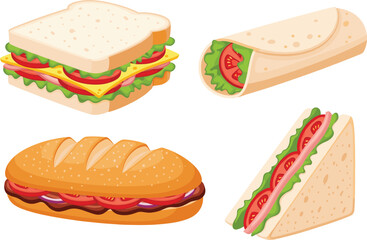 Tasty collection of sandwich and wrap illustrations featuring fresh vegetables, cheese, and bread varieties, perfect for food menus, café graphics, and culinary vector designs.