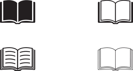 Open Book Icon Set: Black & White Glyph, Outline, and Line Style Vector Graphics for Education, Reading, and Library Apps vector illustration icon design 