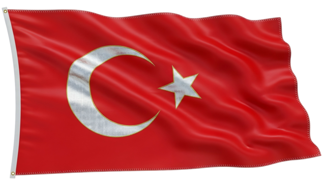 National banner featuring a prominent silver crescent and star emblem waving against a dark backdrop