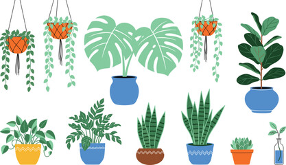 Collection of decorative indoor potted plants and hanging greenery illustrations, perfect for home d&eacute;cor, botanical designs, modern interiors, and nature-inspired vector projects.