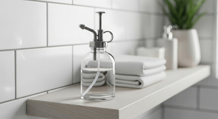 Glass spray bottle and towels on shelf