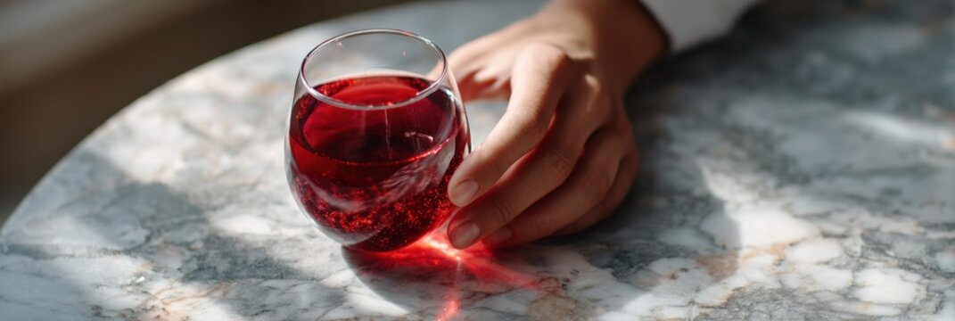 Hand holding glass of red beverage on marble table in sunlight
