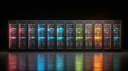 A row of data servers lit with colorful lights, representing the digital world