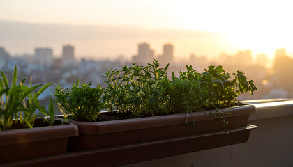 Fototapeta premium Sunlit balcony herb garden in rectangular planters overlooking soft focus urban skyline at warm golden sunrise