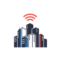 City buildings emitting wifi signal suggesting smart city technology and connectivity in urban environment, modern and innovative.