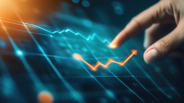 Hand pointing growth arrow success company target in 2025 of upward direction development graph or stock market chart symbol for investment finance profit and goal attainment on economic marketing