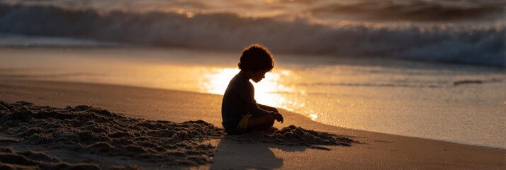 Child playing on beach at sunset with ocean waves in background