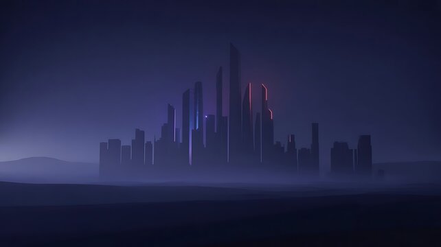 Cityscape shrouded in fog, with towering buildings under a dark sky.